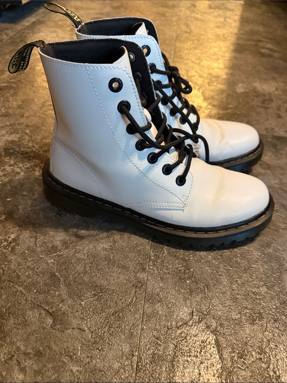 Dr. Martens White Leather Lace-Up Combat Boots with Black Laces